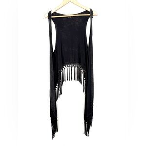 POL Stonewash Black Fringe Vest Womens Small Festival Grunge Boho Hippie Western